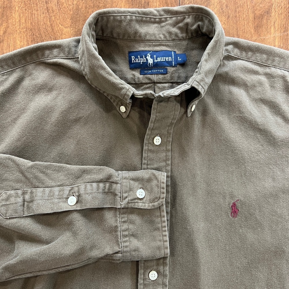 Ralph Lauren Mens Large Olive Green Cotton Twill Long Sleeve Button Down Shirt